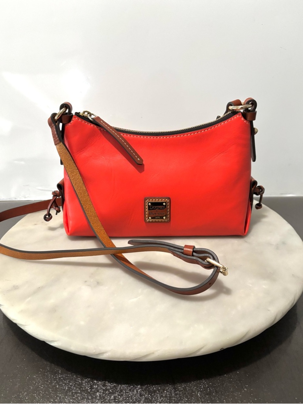 Dooney and Bourke Penrose Hobo 22 Leather Crossbody Bag Purse Bright Red Orange